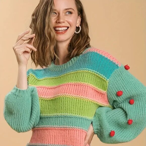 Dopamine Dotted Pom Pom Sleeve Pullover Sweater - Picture 4 of 6